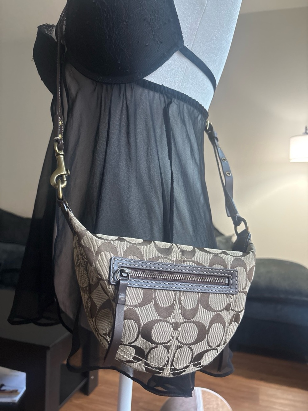 Coach Canvas Crescent Crossbody in Khaki and Chocolate